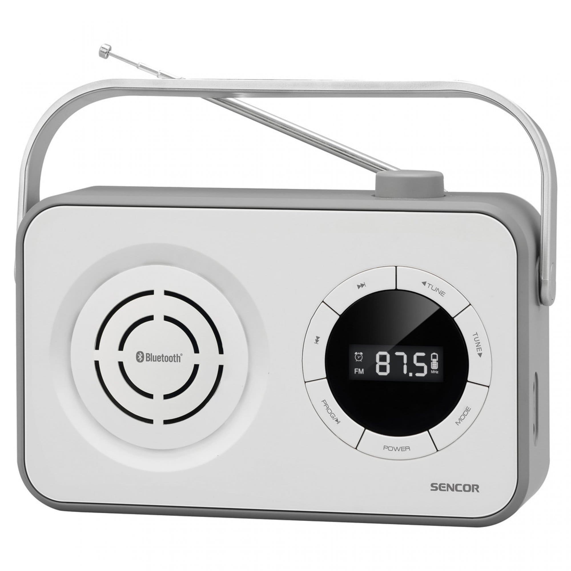 Bel prenosni radio z okroglim zvočnikom in zaslonom.