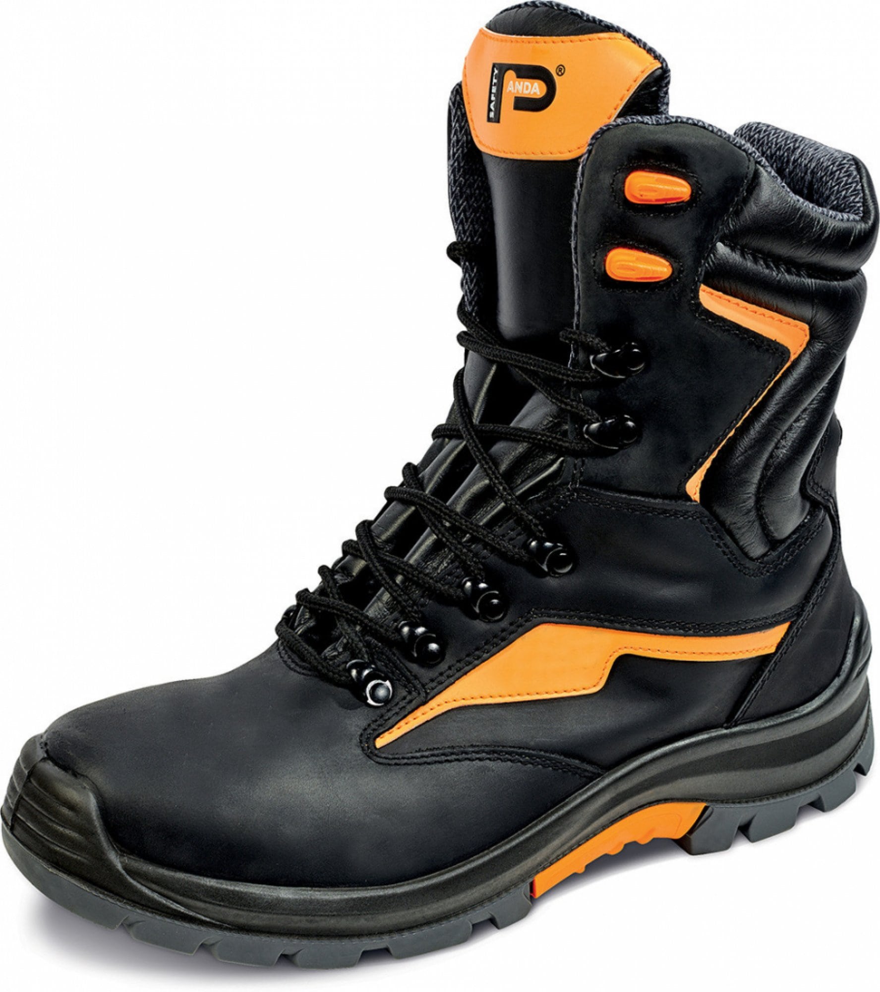 Visoki delovni škornji v črni barvi z oranžnimi dodatki.