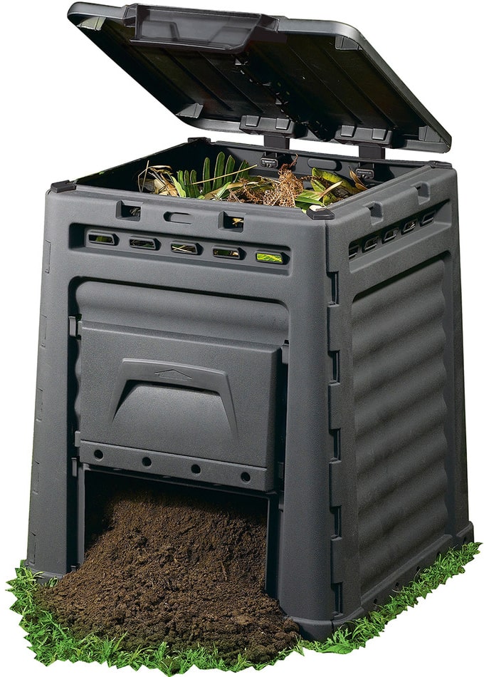 Vanjska crna kanta za kompost s poklopcem.